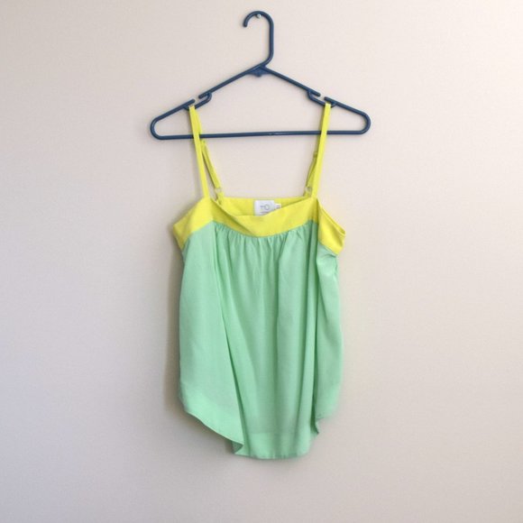 100% Silk Flowy Pastel Green and Yellow Babydoll Tank Top - Picture 1 of 5